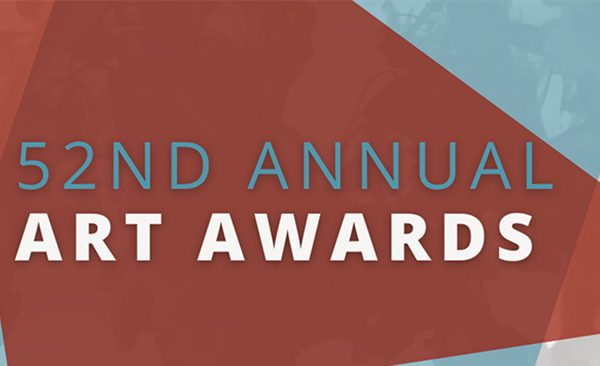 Graphic with a large brown triangular shape over a light blue and gray geometric pattern with text 52ne Annual Art Awards in a sans serift font