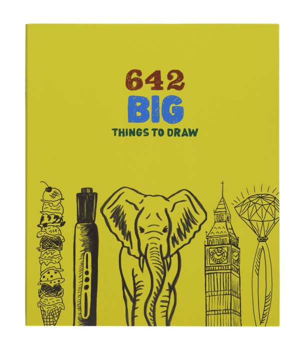 Book cover with yellow background, red text 642, blue text BIG, black text THINGS TO DRAW, centered over drawings of an ice cream cone wih 10 dips topped by a cherry, a large marker, an elephant, a building with a clock tower, and a large diamond ring.