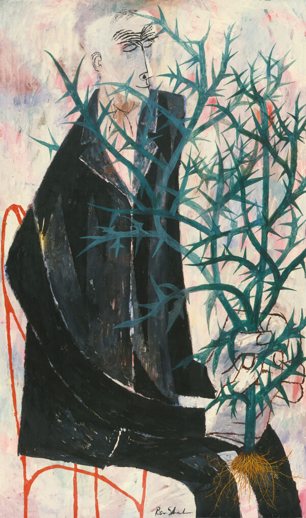 Painting of a man dressed in a black suit, holding a spiny plant