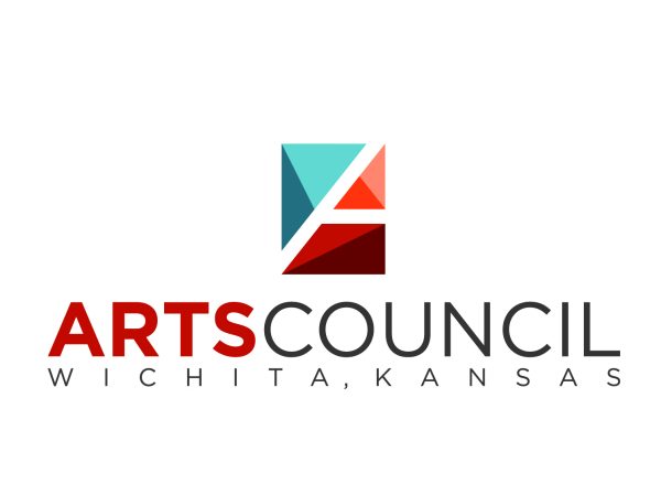 Logo for the Arts Council with colorful triangles in orange, red and blue and the words Arts Council Wichita Kansas