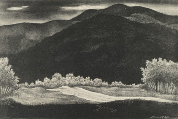 Lithograph of a Mountain in shades of gray to black. The foregound has a road stretching from lower right to the center left, disappearing over a slight rise into trees.
