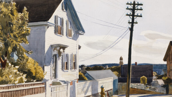 Watercolor painting of a white house with a white picket fence and a brown roof with a green tree next to it, a yellow and blue fire hydrant out front and a tall electric pole with a church and town in the background