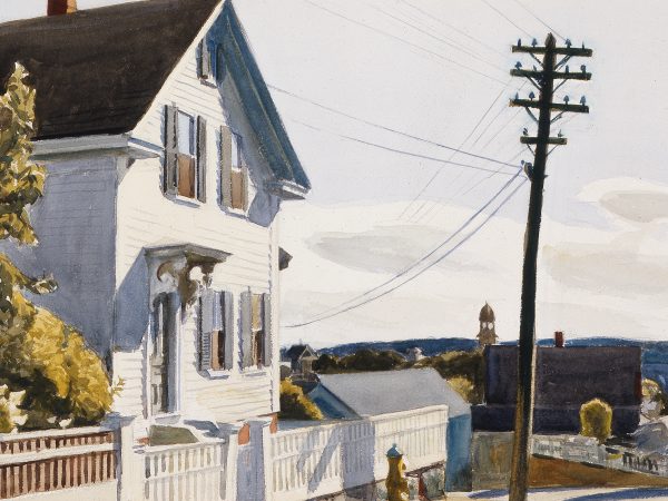 Watercolor painting of a white house with a white picket fence and a brown roof with a green tree next to it, a yellow and blue fire hydrant out front and a tall electric pole with a church and town in the background
