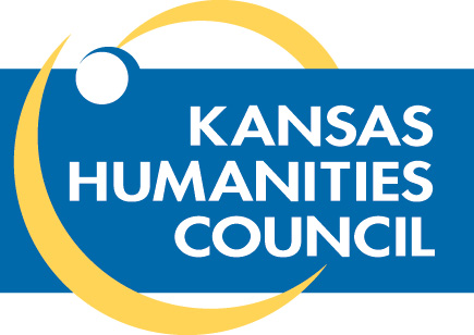 logo with a gold circular stripe around a navy block with the text Kansas Humanities Coucil in a sans serit typeface